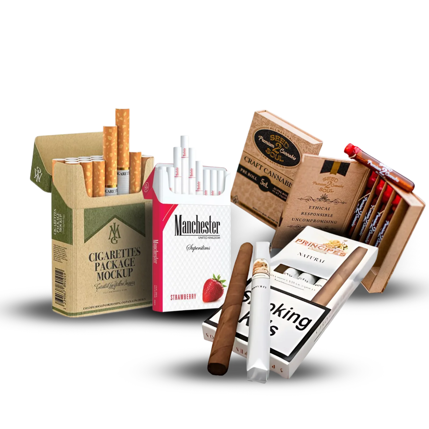 Custom cigarette packaging boxes from Horizons Packaging β cardboard, silver, and tobacco boxes