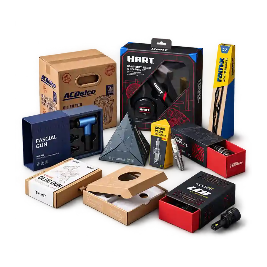 Custom hardware packaging boxes from Horizons Packaging β auto parts, tools, and accessory boxes