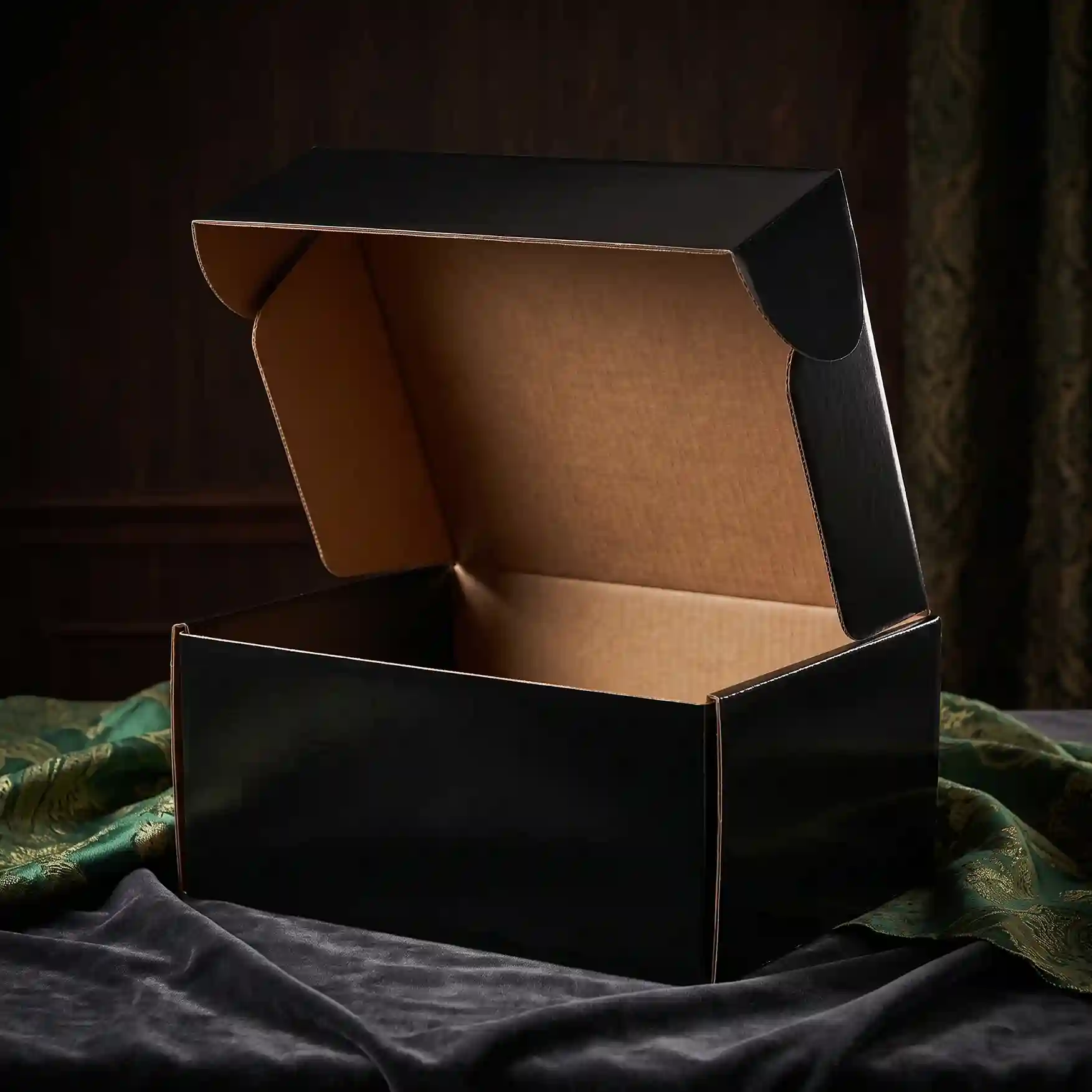 Custom black shipping box from Horizons Packaging