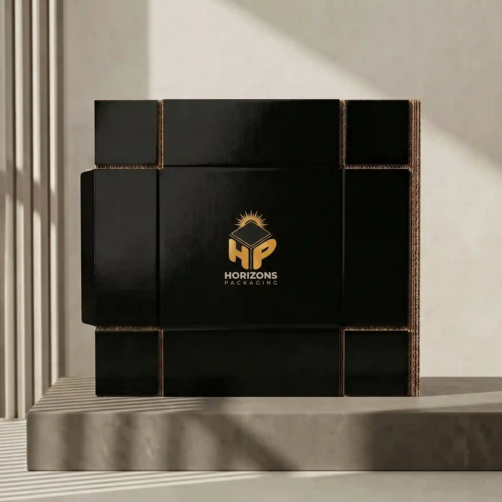 Custom black shipping box from Horizons Packaging