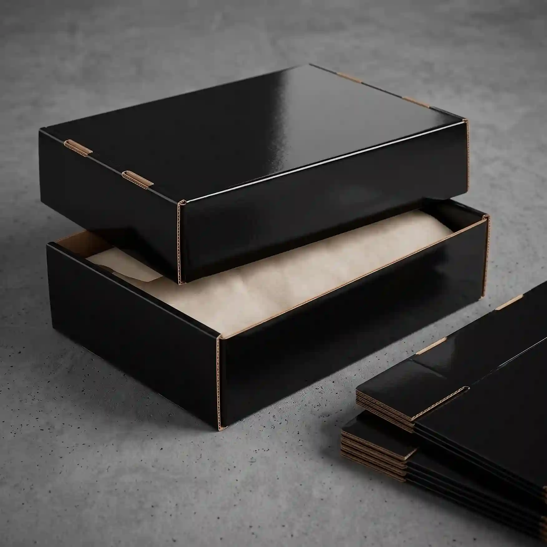 Custom black shipping box from Horizons Packaging