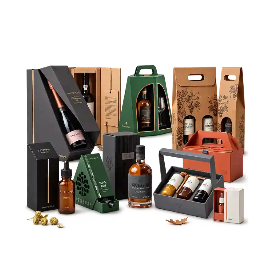 Custom bottle packaging boxes from Horizons Packaging — whiskey, wine, and shipping boxes