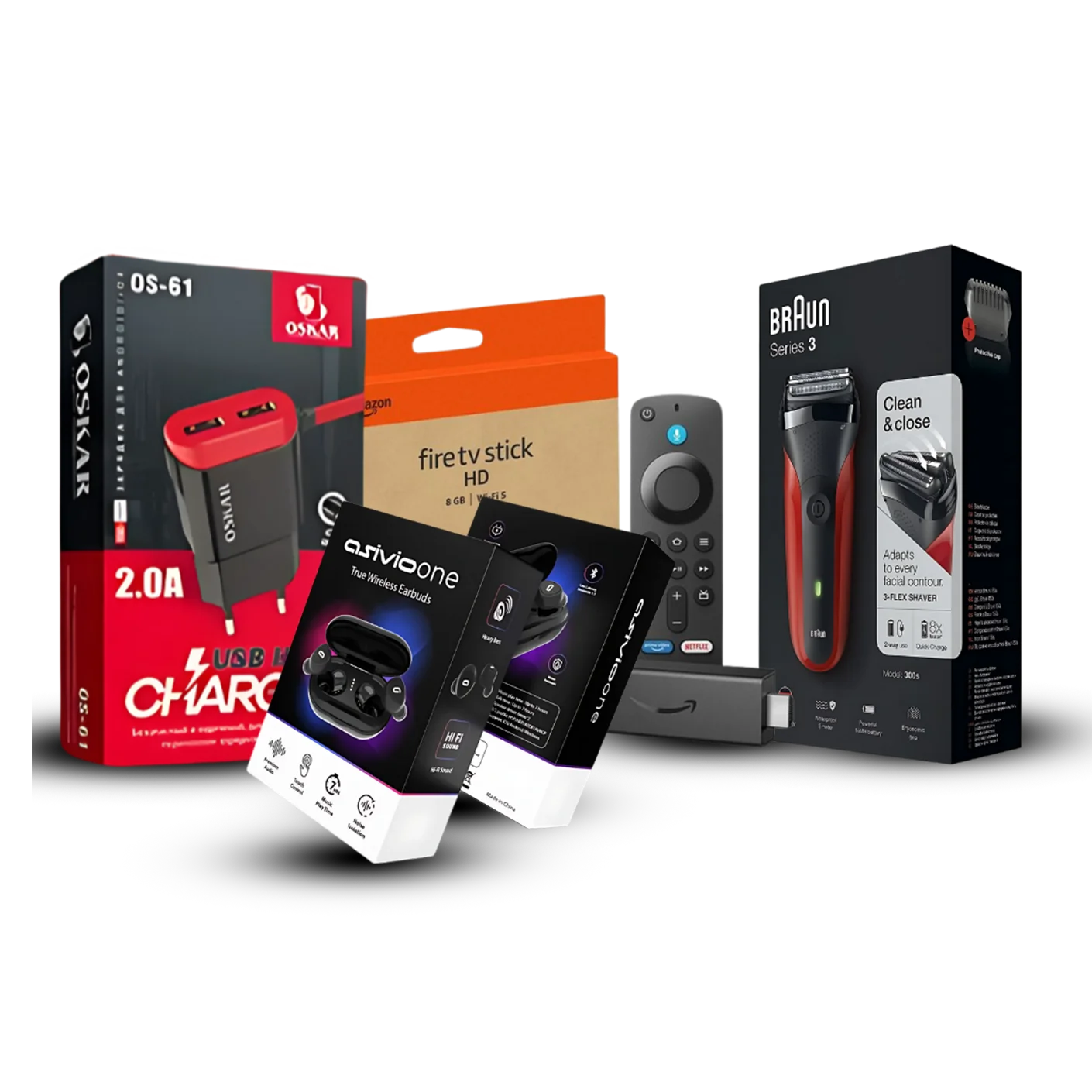 Custom electronics packaging boxes from Horizons Packaging — phone, earbud, and power bank boxes