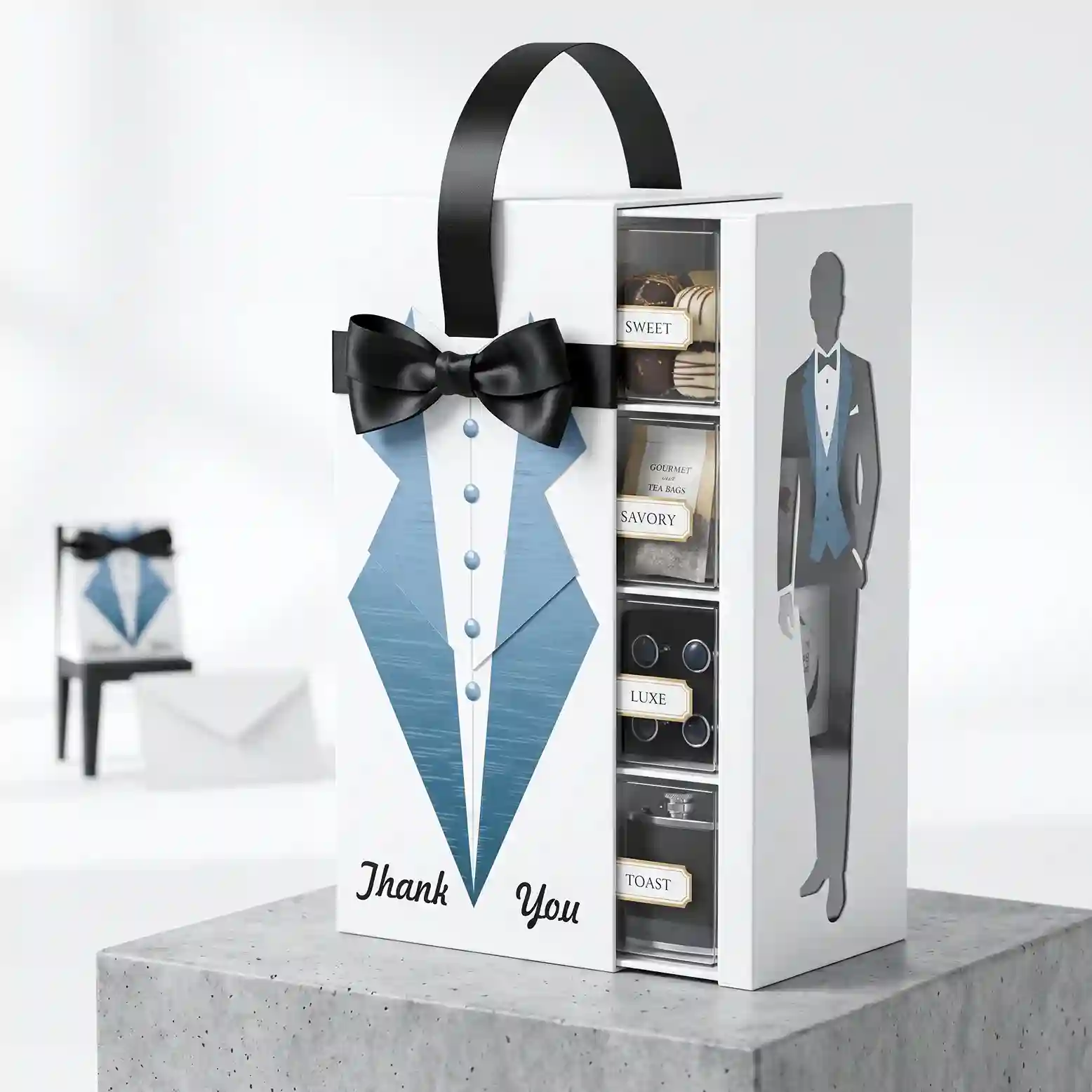 Custom tuxedo gift box from Horizons Packaging