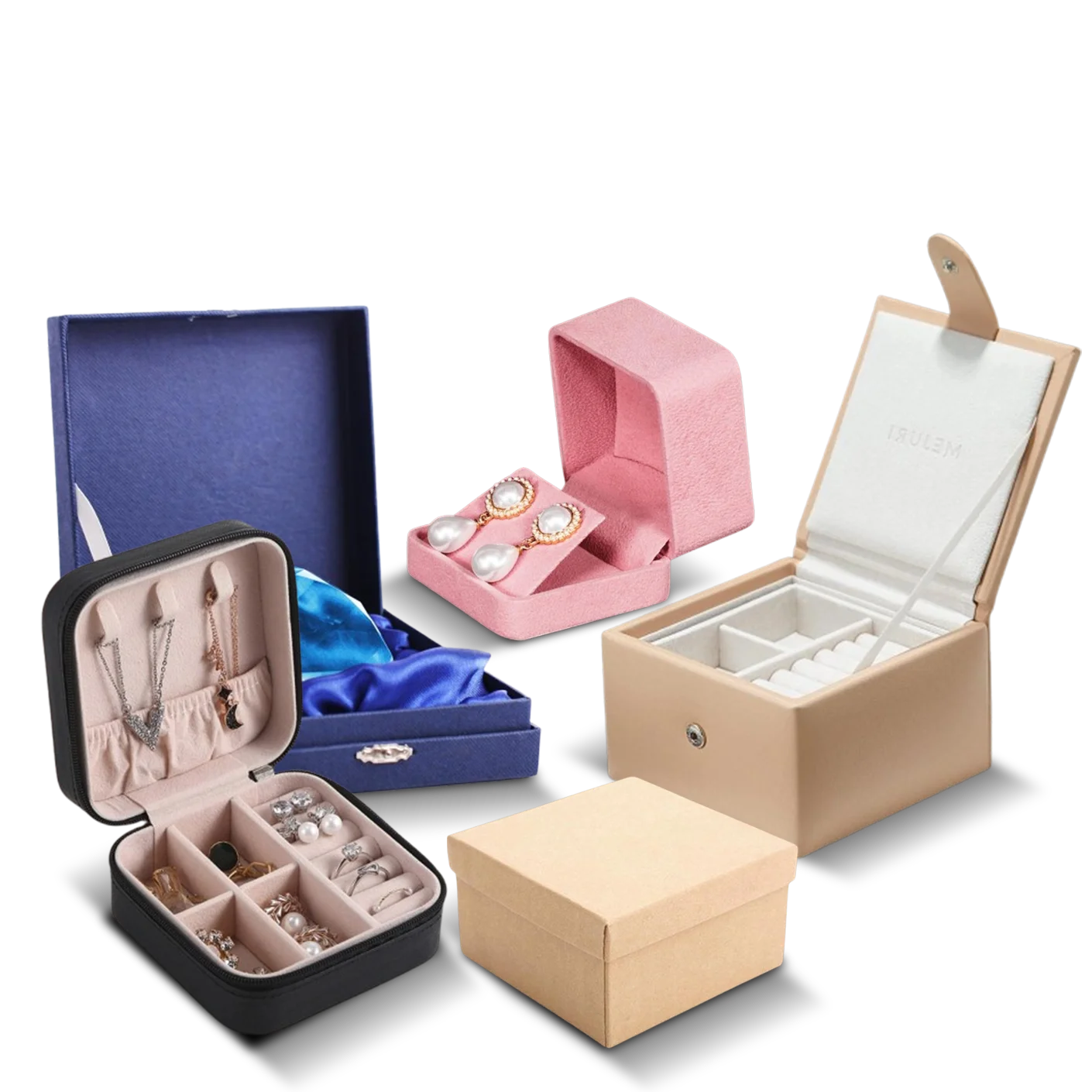 Custom jewelry packaging boxes from Horizons Packaging — ring, necklace, and bracelet boxes